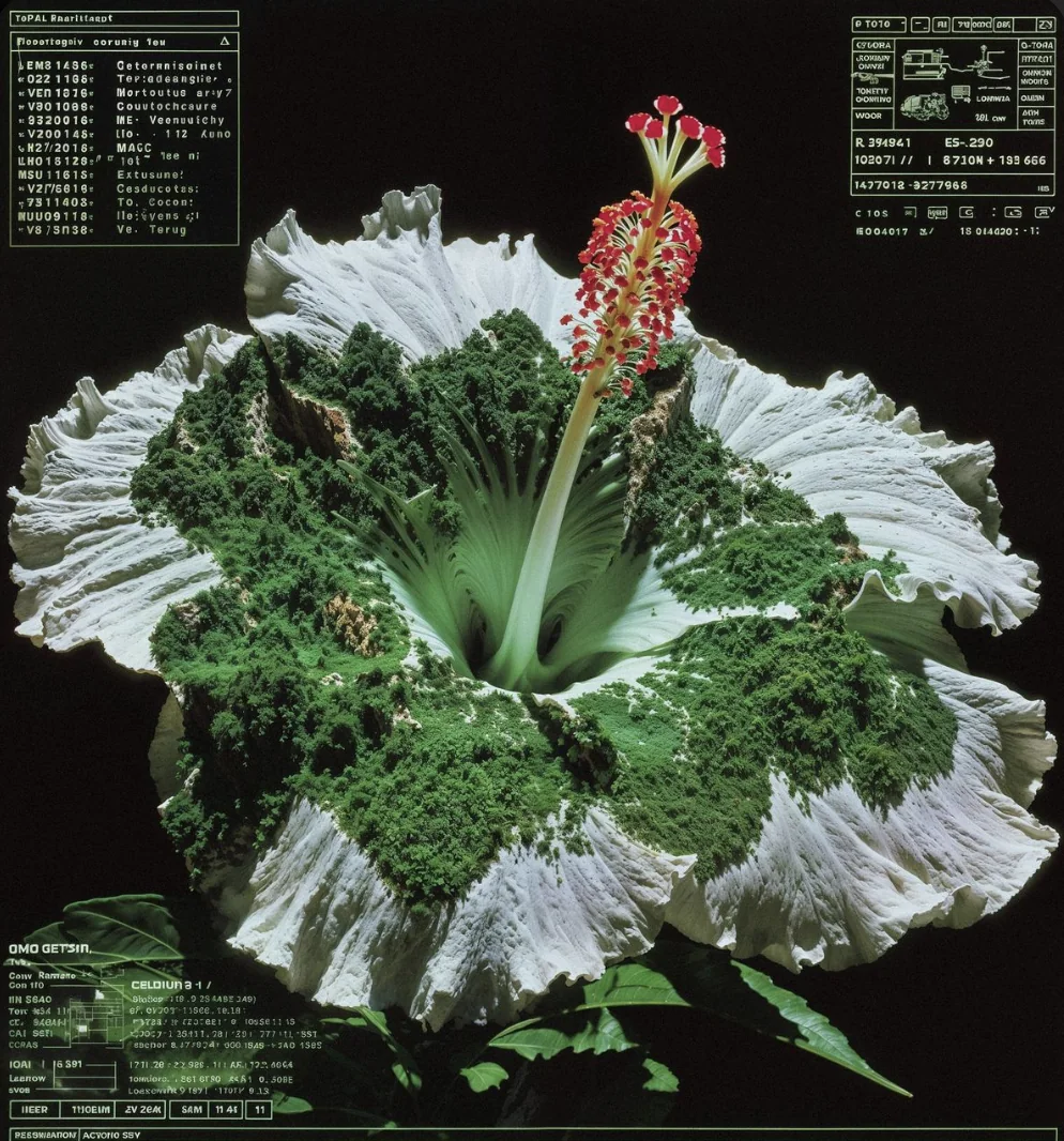 Flor de gran escala con vegetaci&oacute;n y anotaciones t&eacute;cnicas sobre fondo oscuro