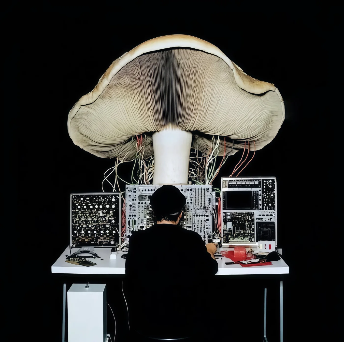 Persona de espaldas trabajando frente a un sistema modular de sintetizadores y cables bajo un hongo de gran escala